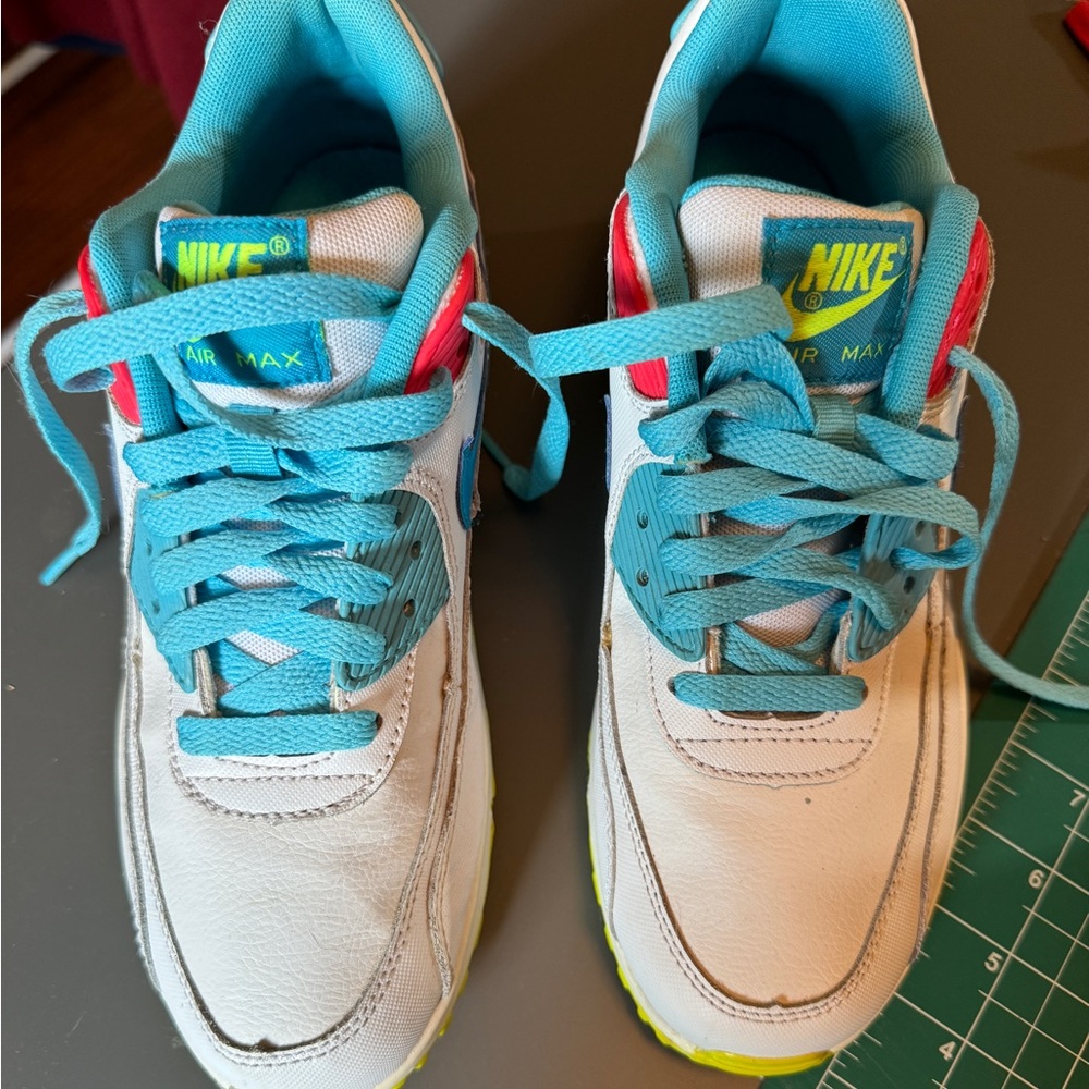 Nike Air Max 90 White‎ Turquoise Yellow Athletic Running Shoes Sneakers